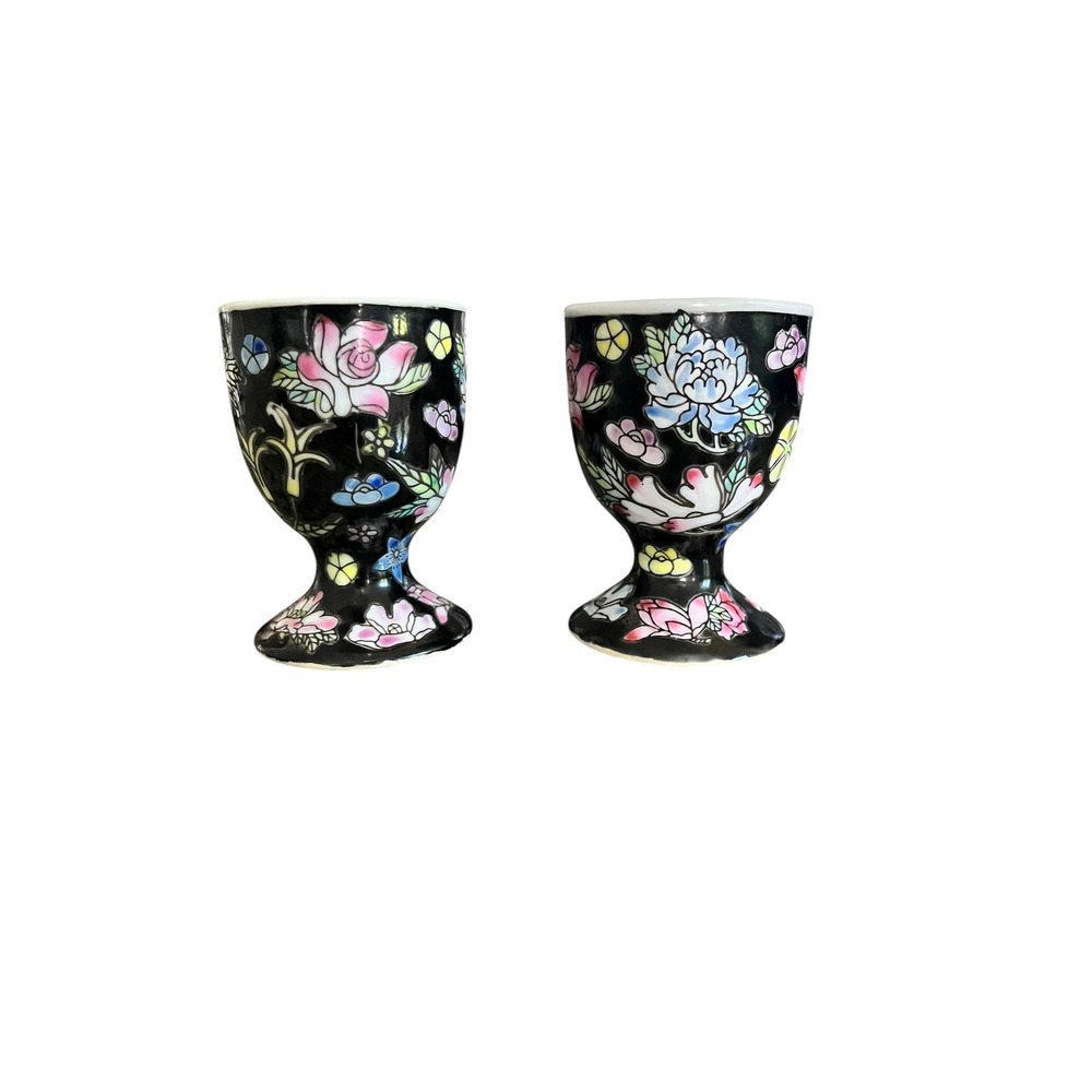 Vintage Chinese Famille Noire Porcelain Egg Cups Set of 2 Black Millefleur